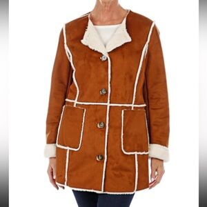 Women's Tan Teddy Jacket with Cream Accents pockets xs